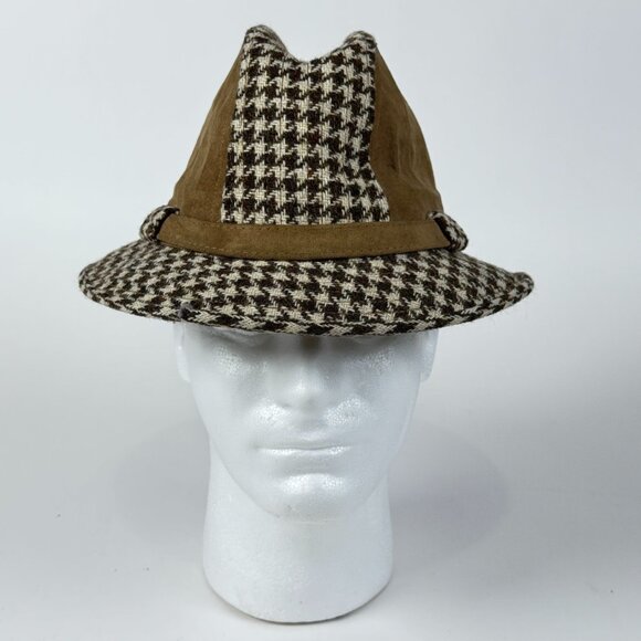Vintage London Imperial Houndstooth Fedora Hat Wool Blend & Faux Suede Accents - Picture 1 of 11